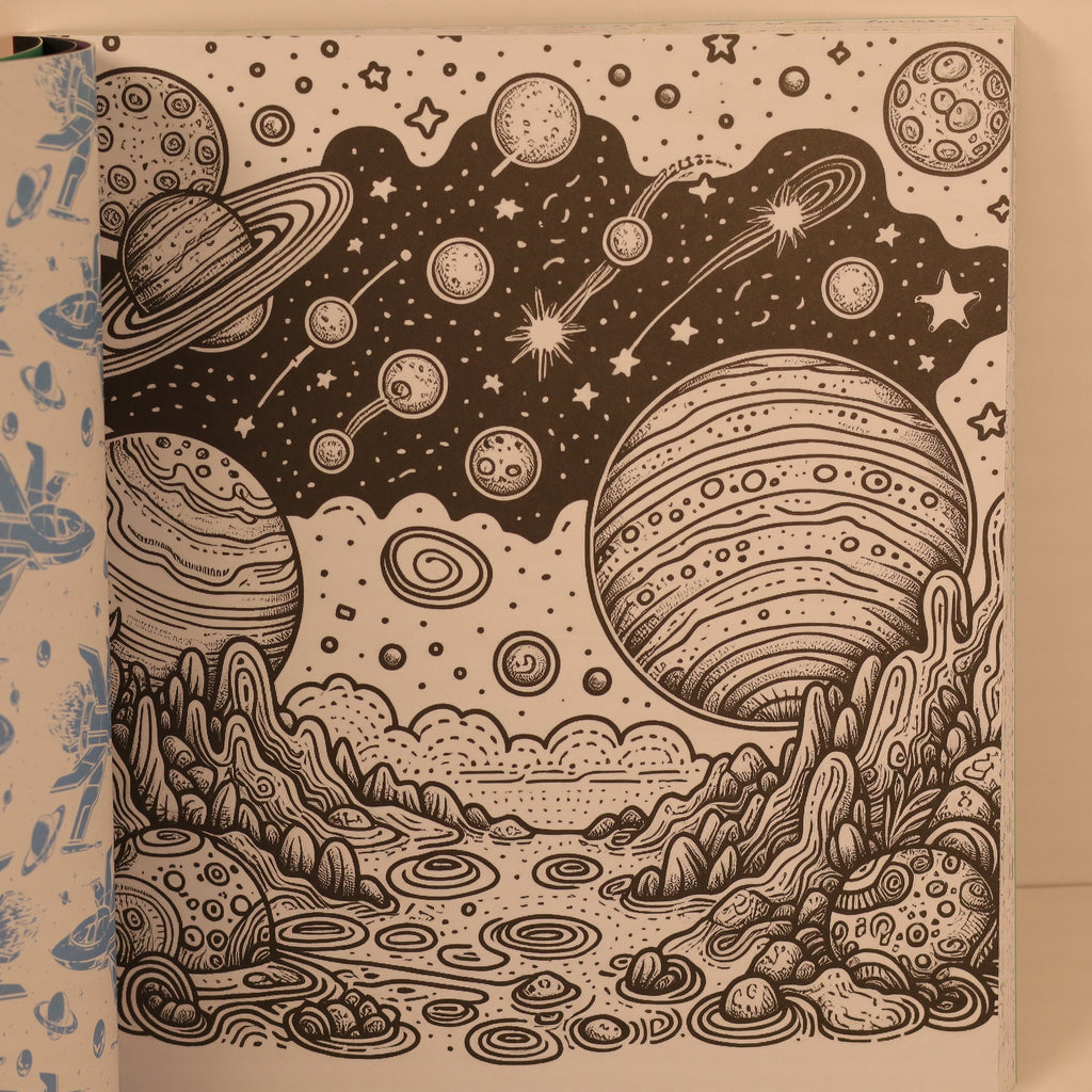 Illustration of a cosmic landscape with planets and stars on a notebook cover.