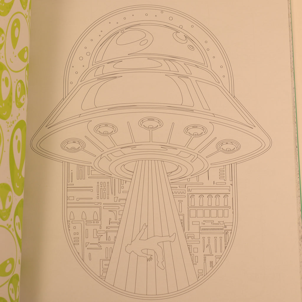 Illustration of a UFO hovering over a cityscape with a green patterned border.