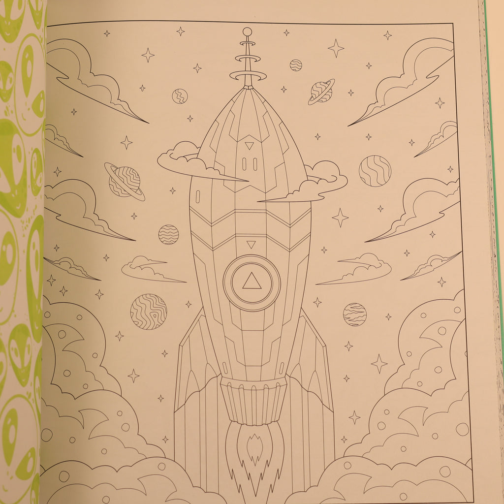 Coloring book page with a rocket ship design on a beige background.