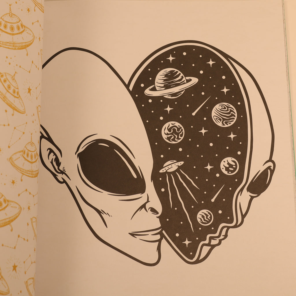 Illustration of an alien head with space-themed design on a beige background