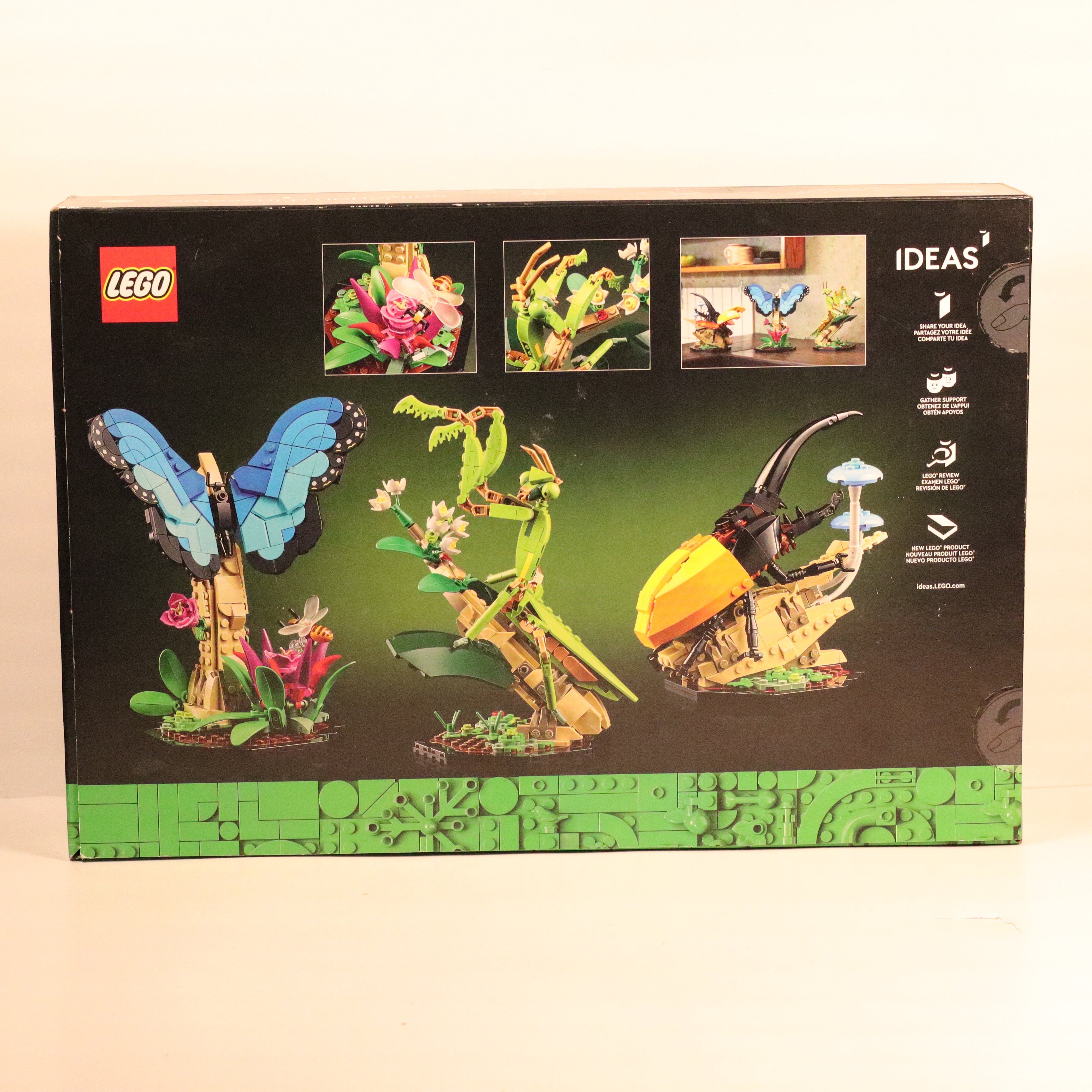 LEGO Ideas packaging with illustrations of insects and plants on a beige background