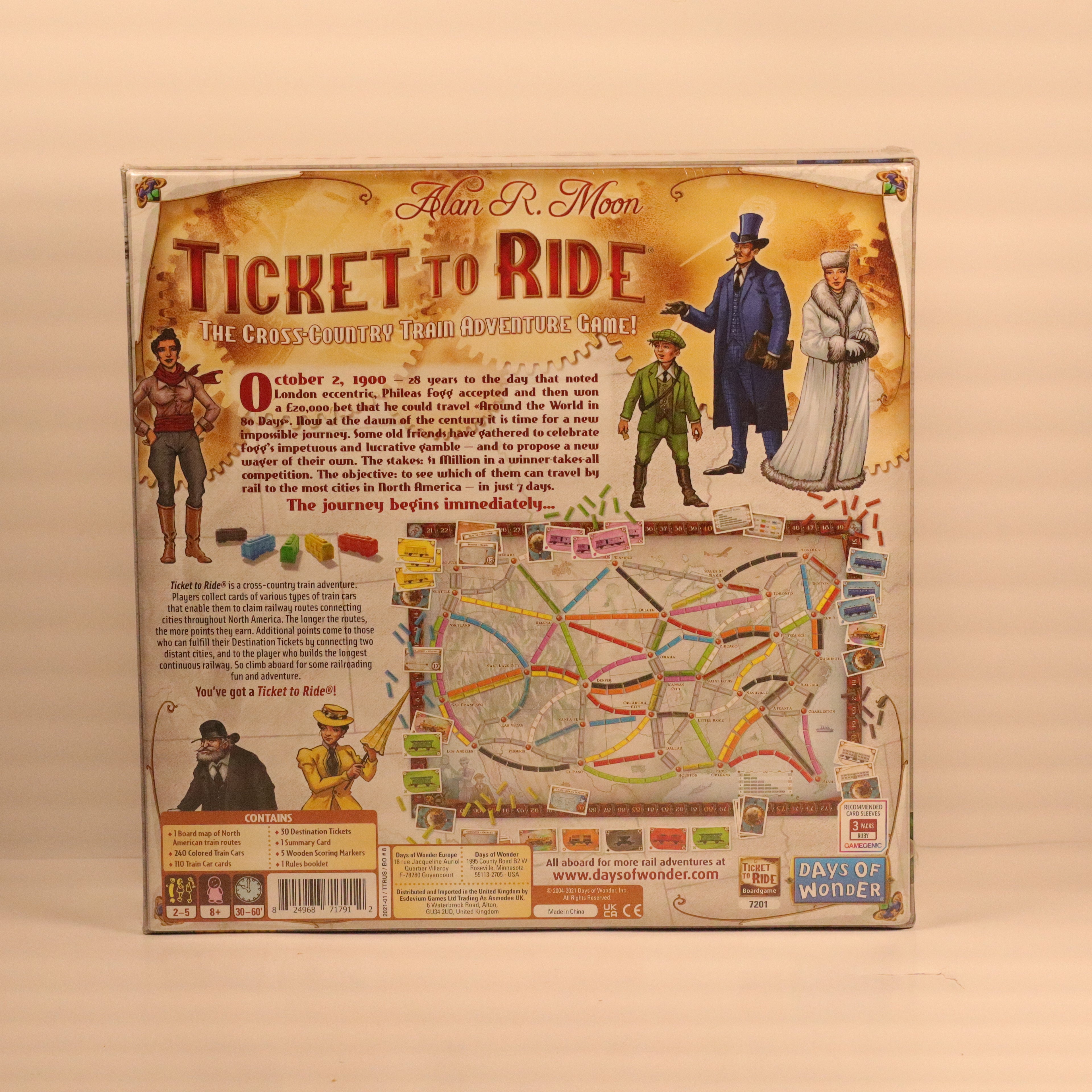 Board game box for 'Ticket to Ride' with illustrations of characters and a map on a beige background