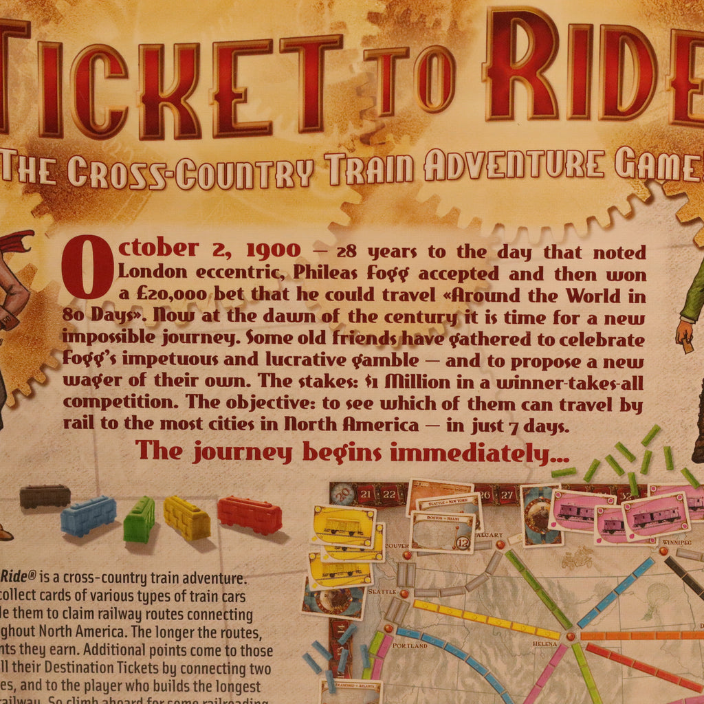 Advertisement for 'Ticket to Ride' board game with text and train graphics.