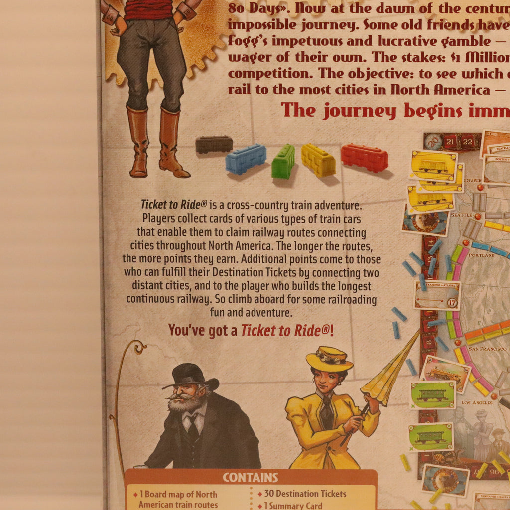 Advertisement for 'Ticket to Ride' board game with characters and train elements.