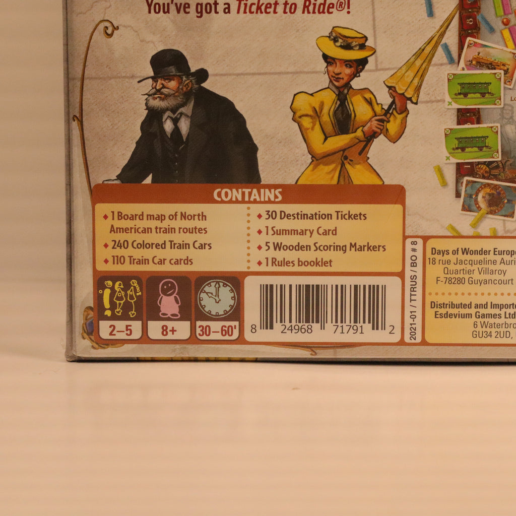 Board game box with illustrations of a man and woman, and a list of included items.