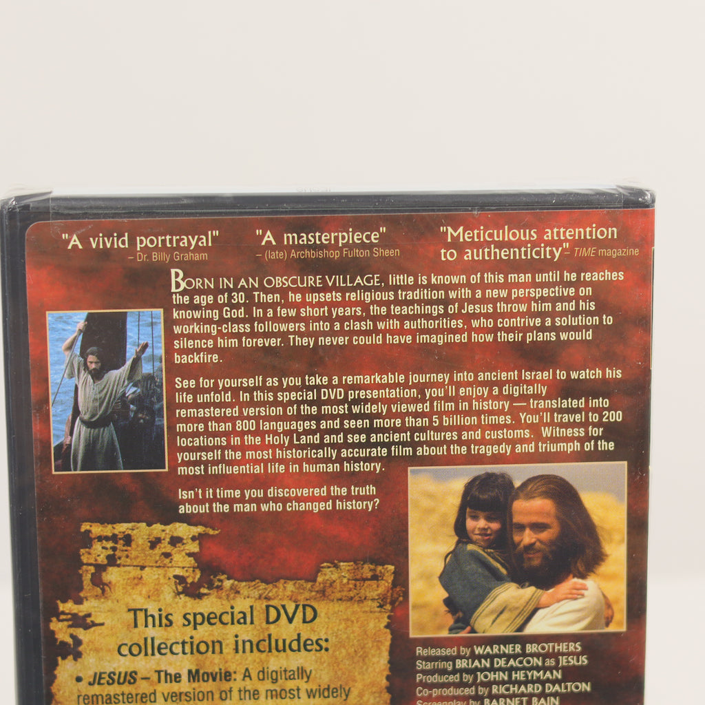 DVD cover with religious themes and text about a movie about Jesus.