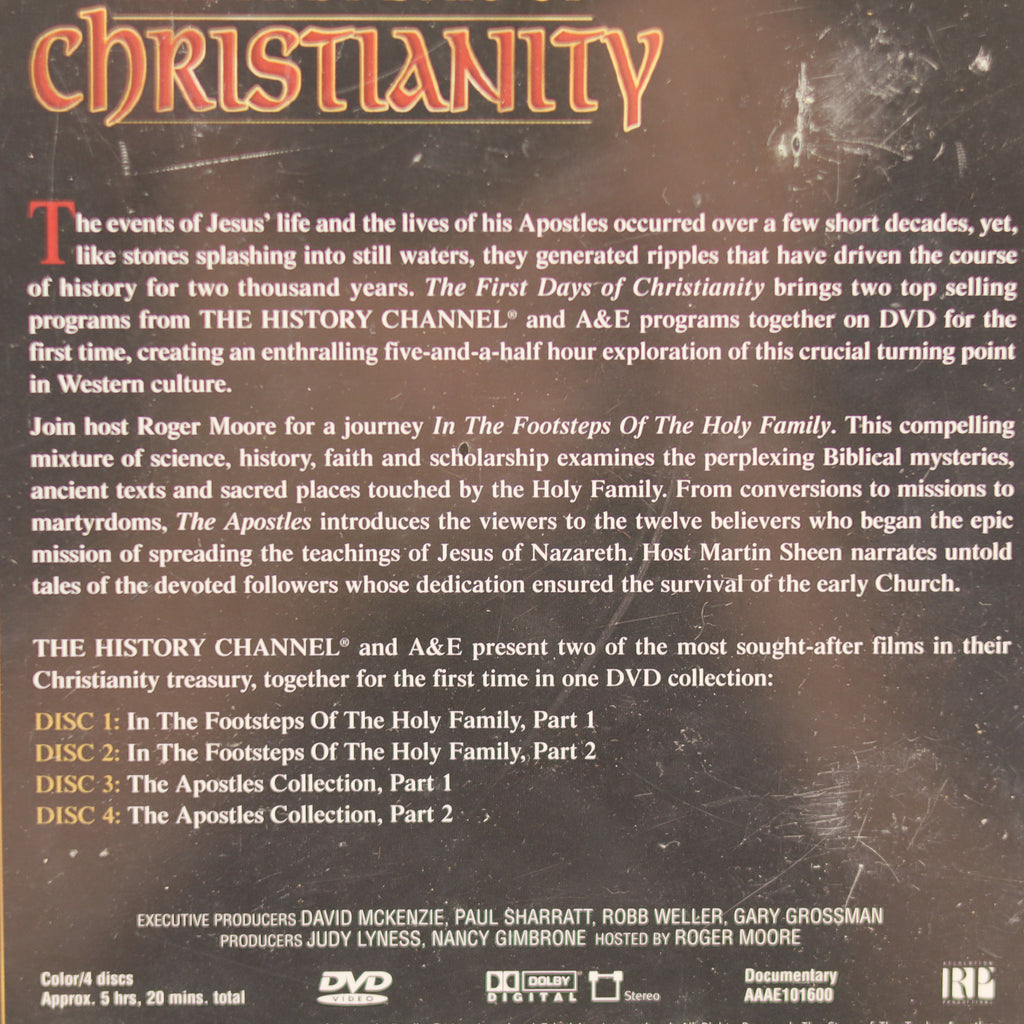 Back cover of a DVD set titled 'The First Days of Christianity' with text and branding.