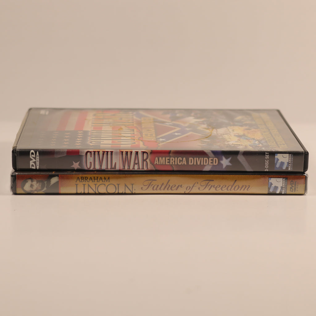 Two DVDs titled 'Civil War: America Divided' and 'Abraham Lincoln: Father of Freedom' on a beige background