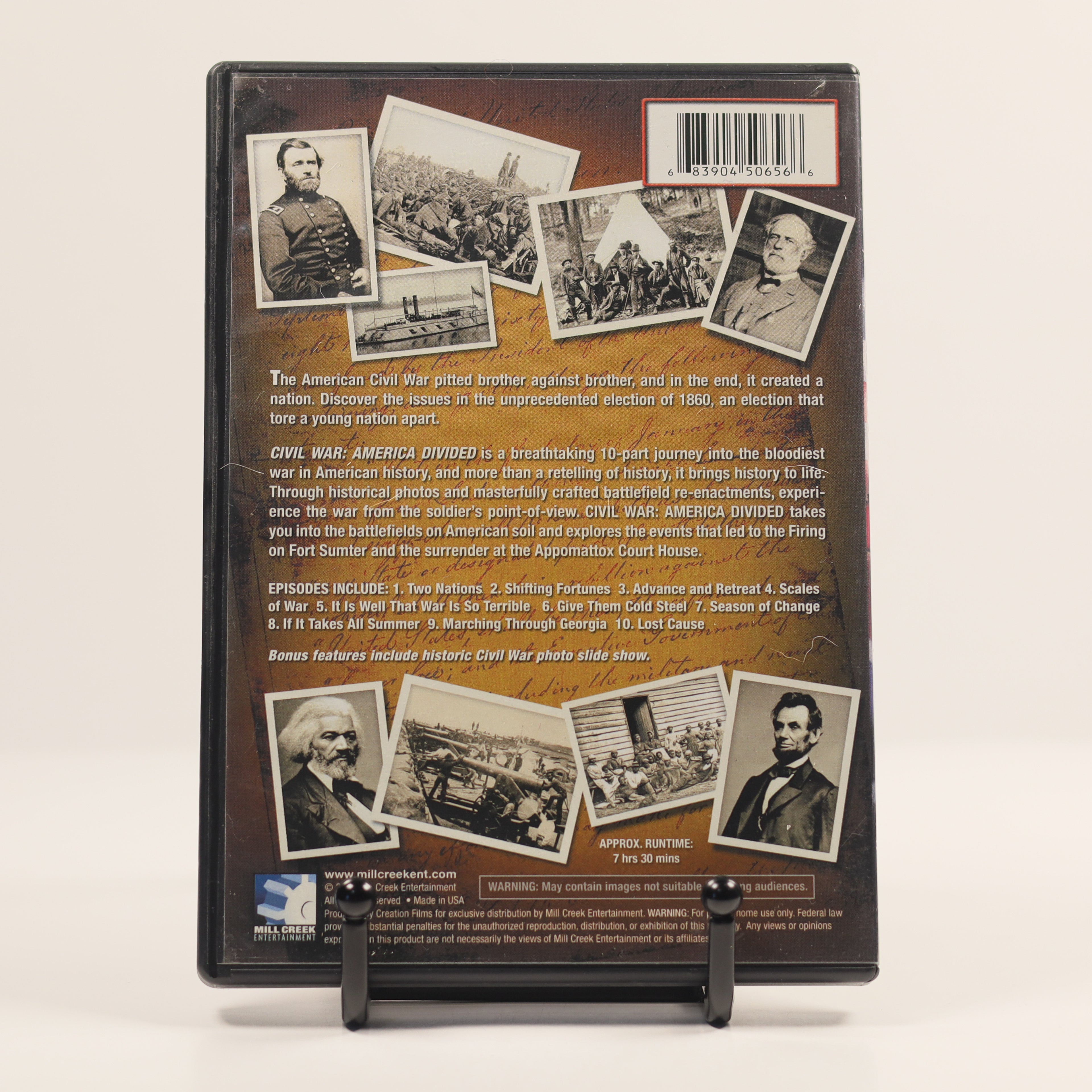 Back cover of a DVD set with historical images and text on a beige background