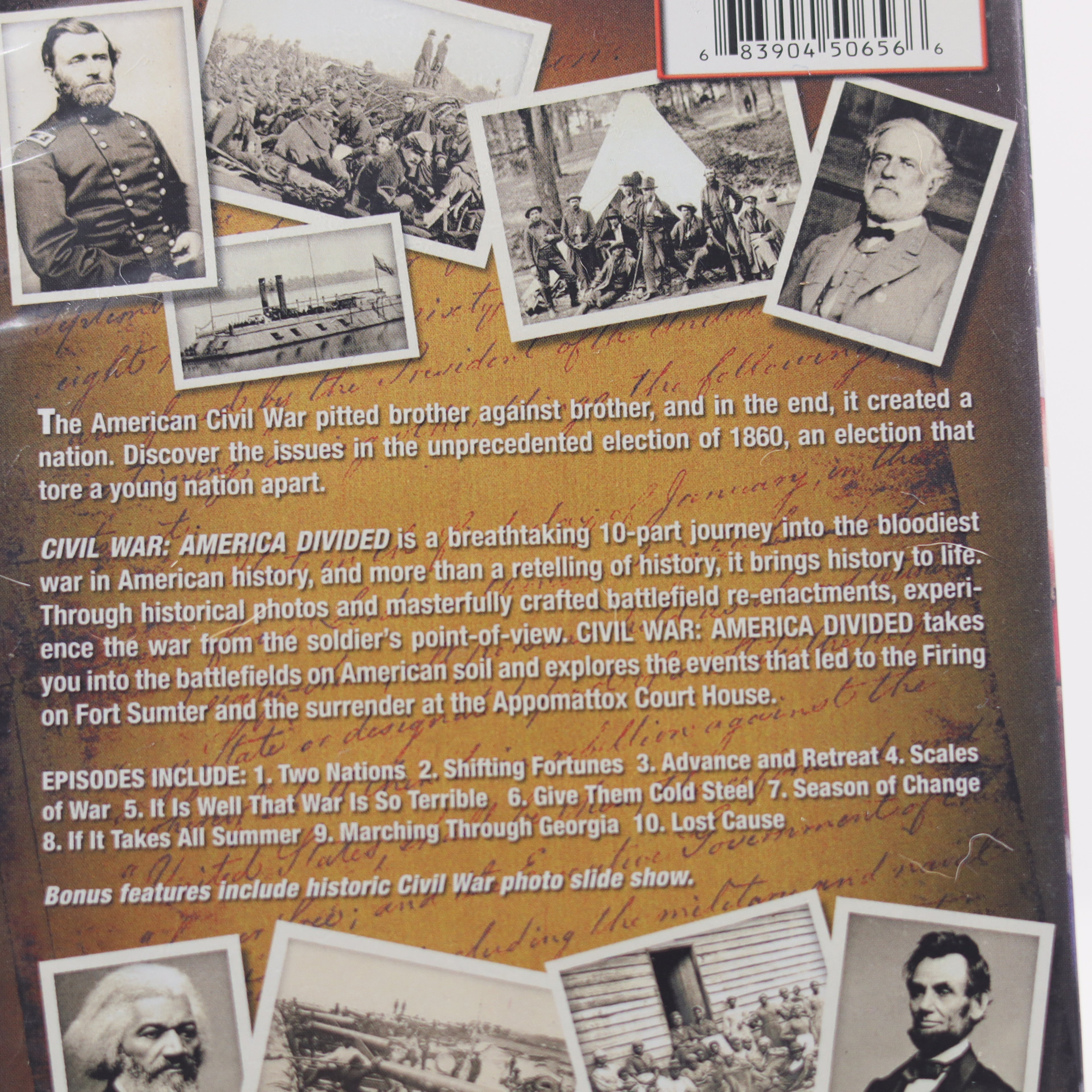 Back cover of a Civil War-themed book with historical photos and text.