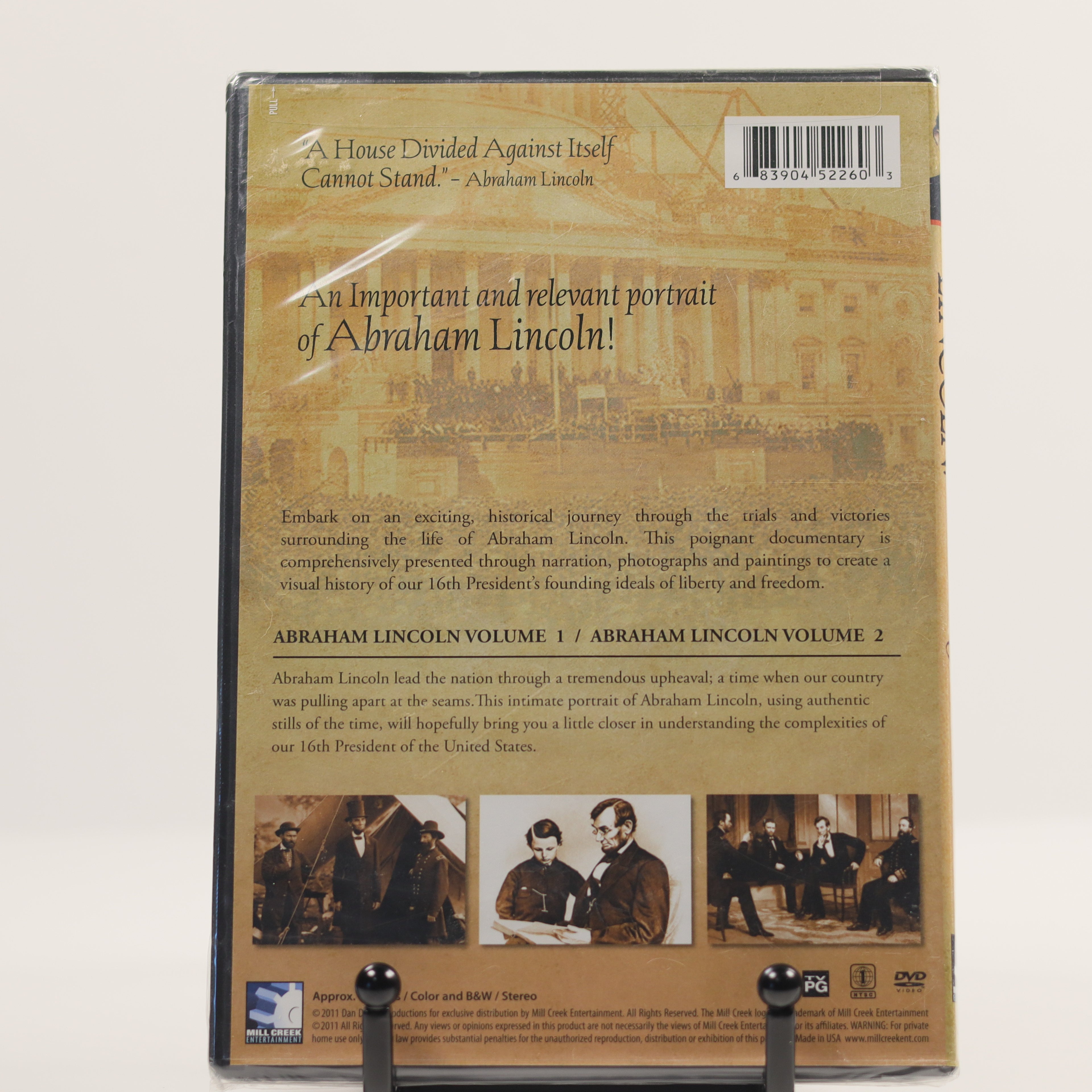 Back cover of a DVD set featuring Abraham Lincoln with text and images.