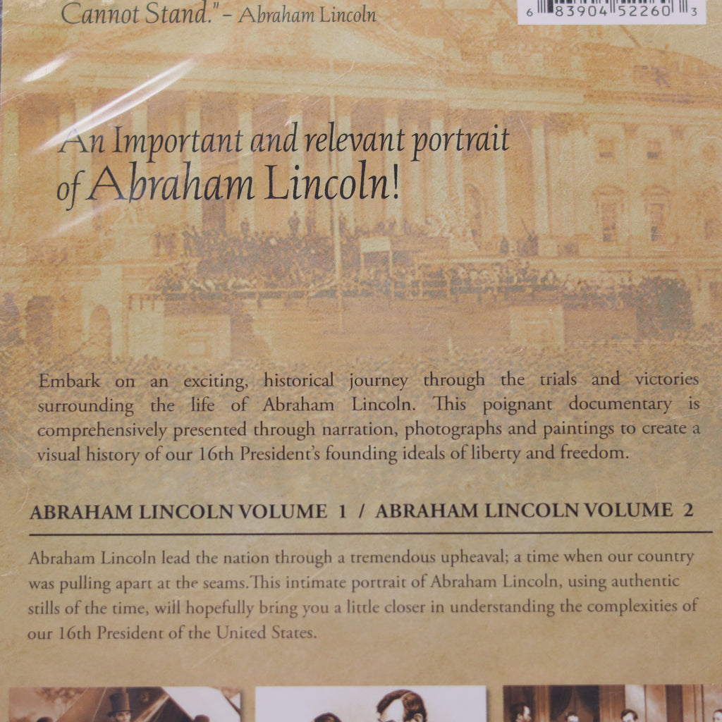 Back cover of a book or DVD set about Abraham Lincoln with text and images.