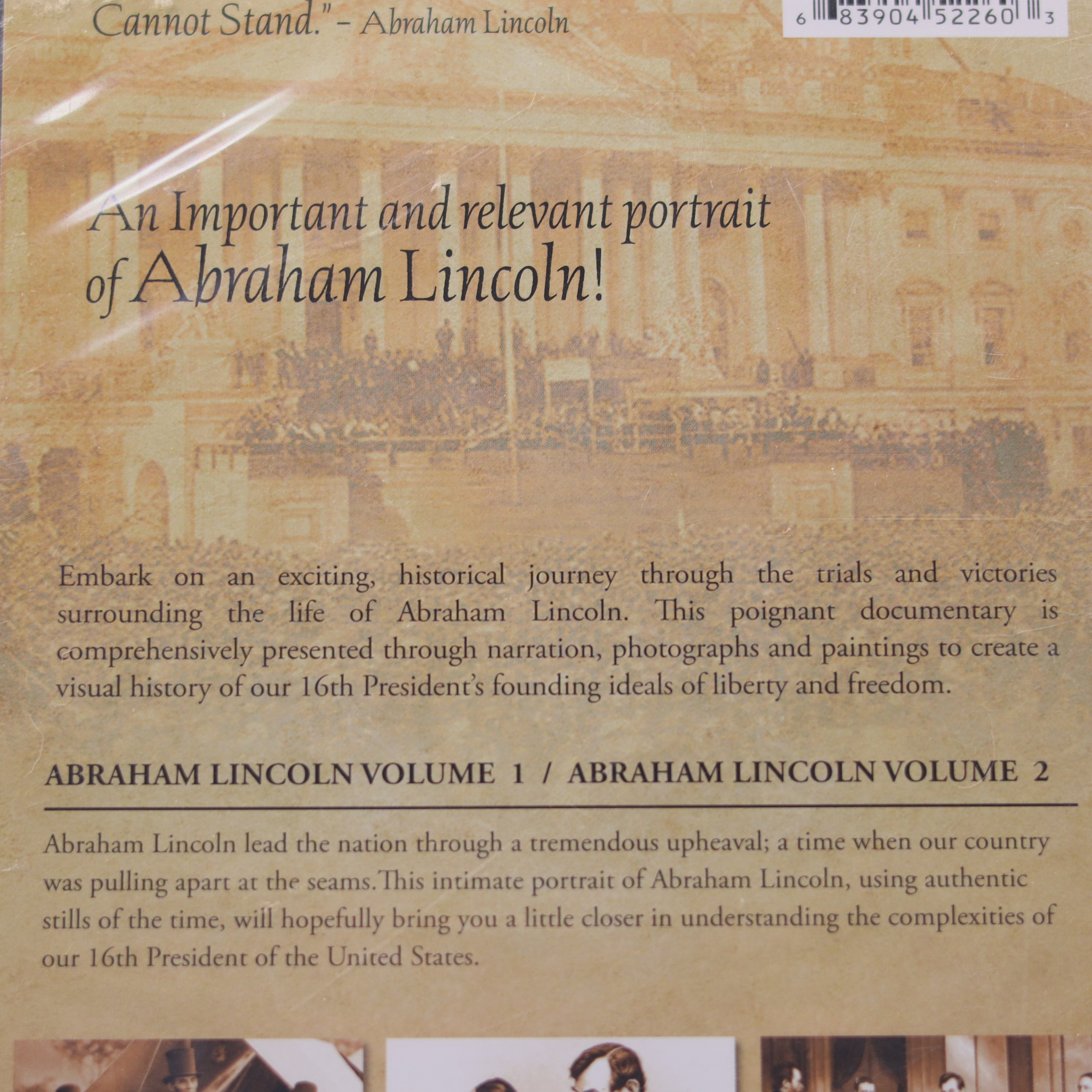 Back cover of a book or DVD set about Abraham Lincoln with text and images.