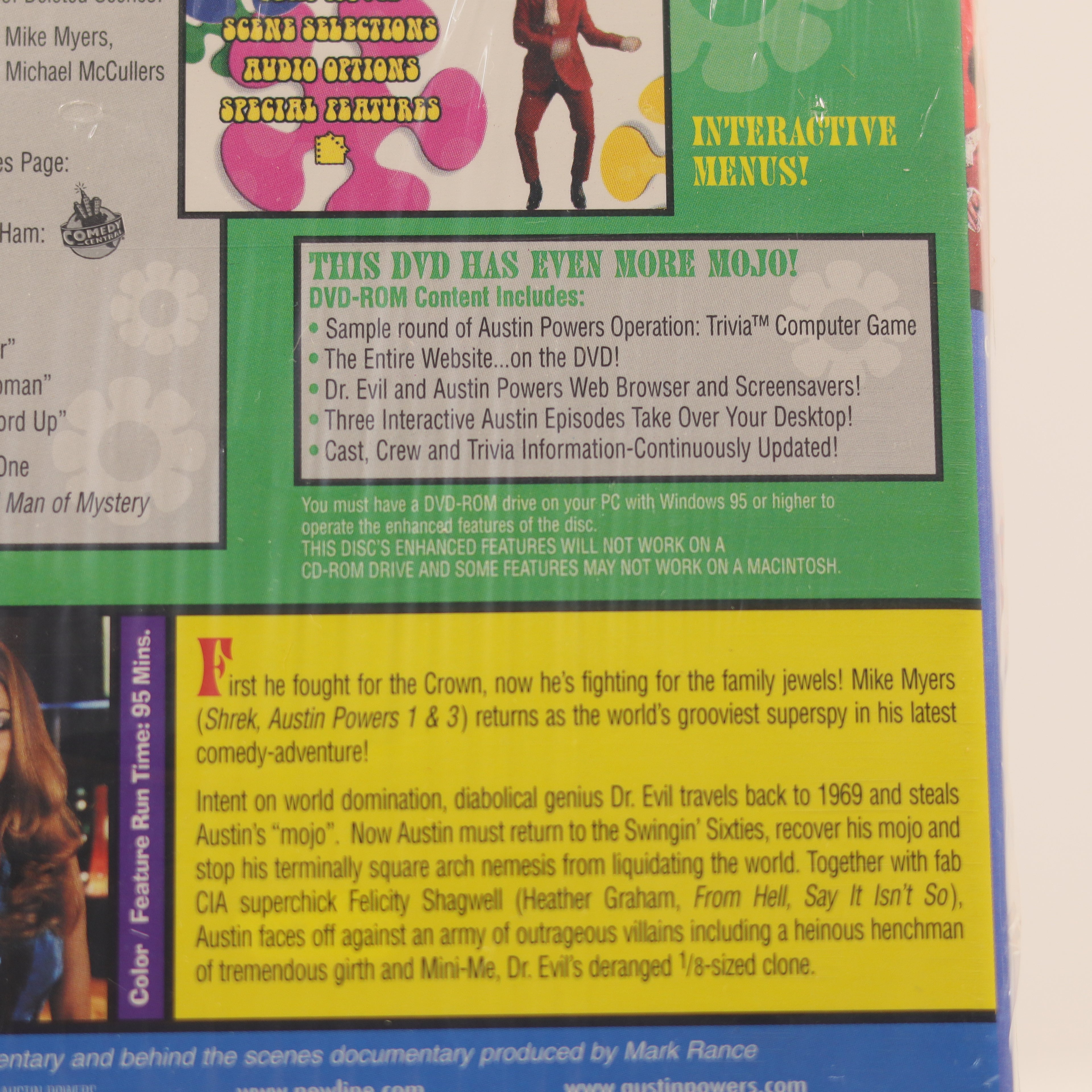 Back cover of a DVD with text and images of Austin Powers, featuring interactive menus and additional content information.