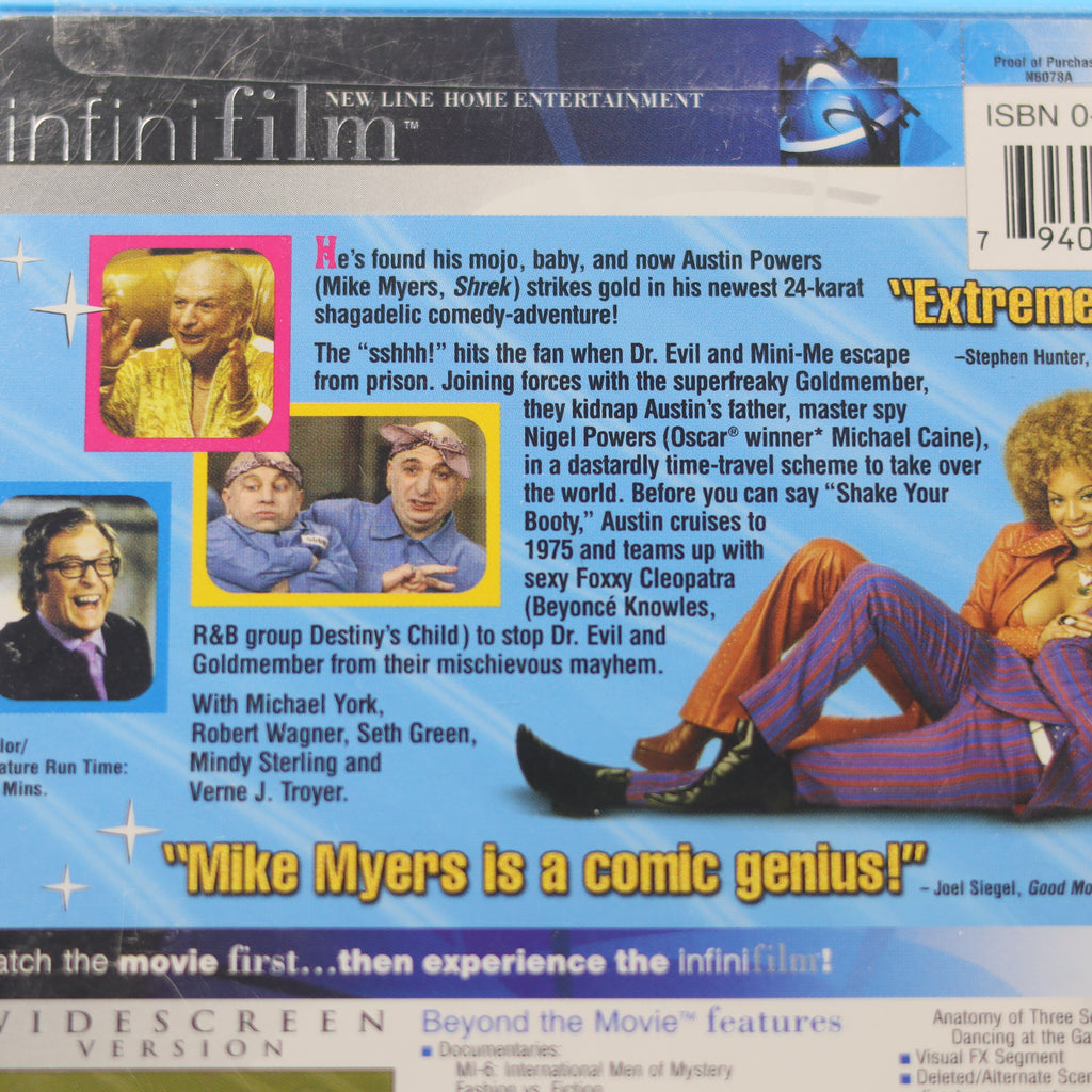 Back cover of a movie DVD with colorful graphics and text about 'Austin Powers' movies.