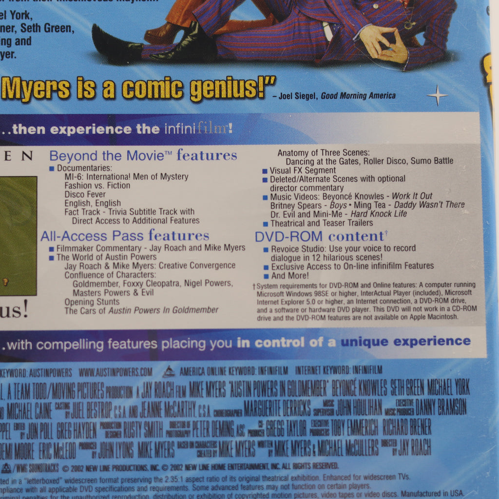 Back cover of a movie DVD with text and graphics about 'Austin Powers' and 'Infinifilm'.