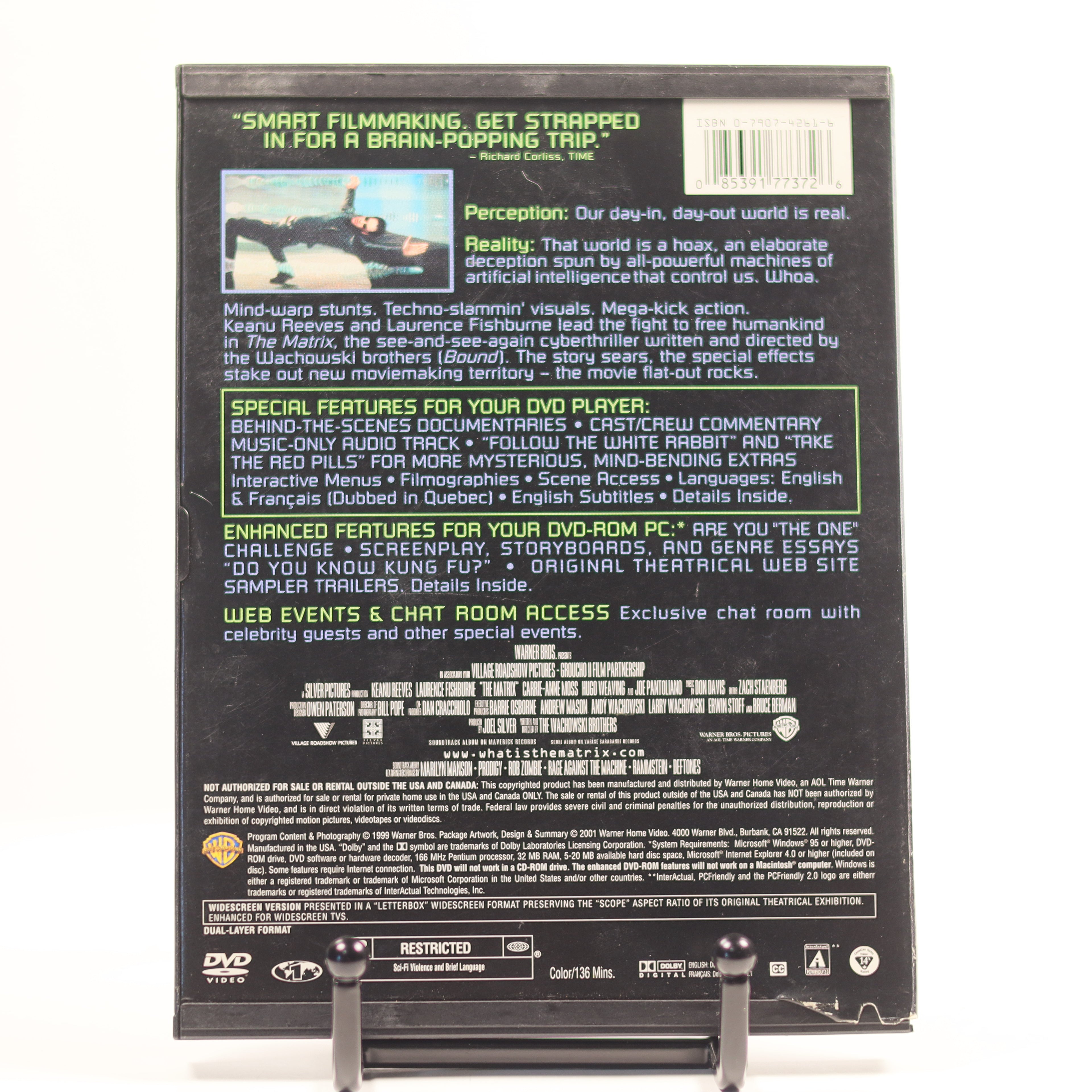 Back cover of a DVD with text and graphics on a white background