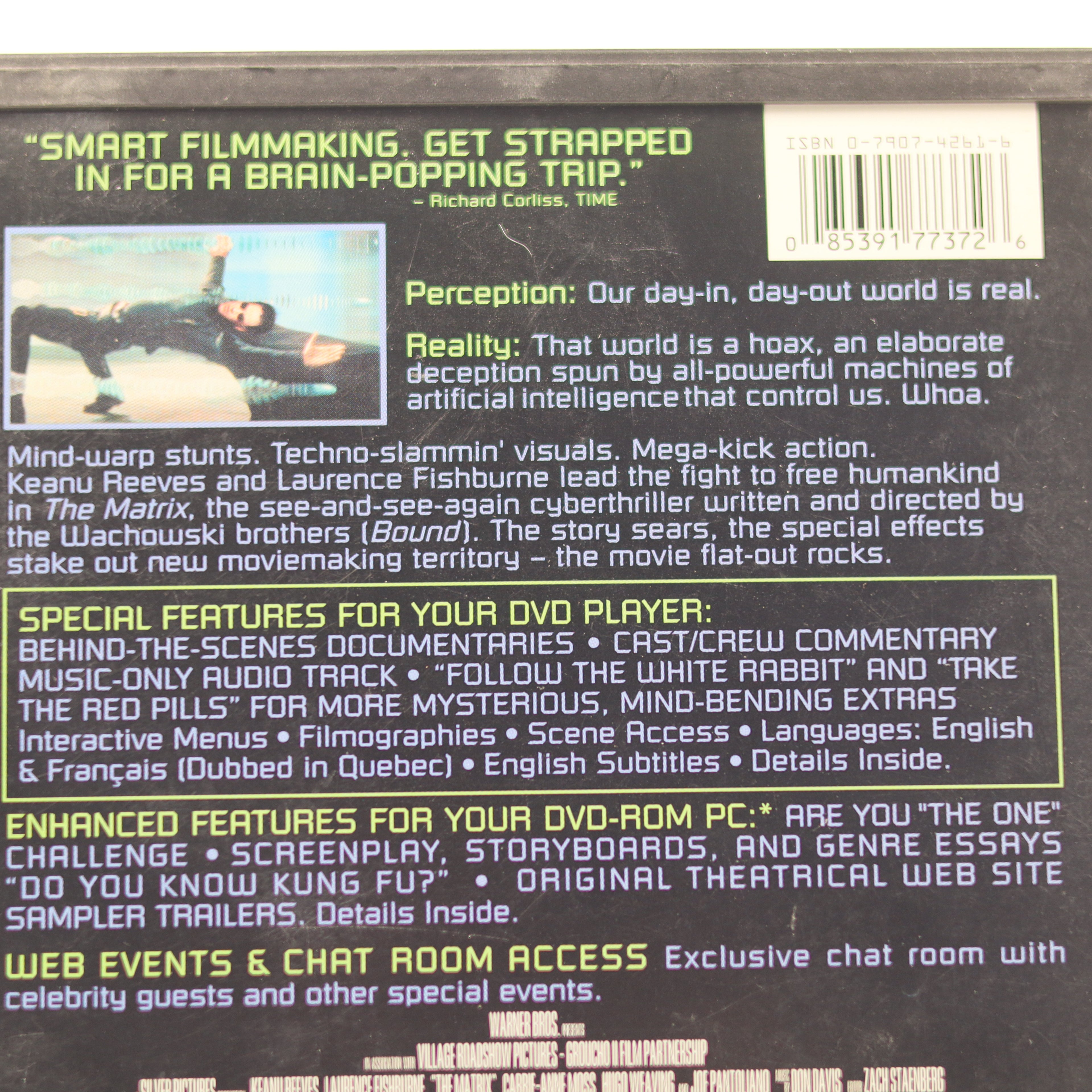 Back cover of a DVD or Blu-ray disc with text and graphics, featuring a quote from Richard Corbis and promotional information.