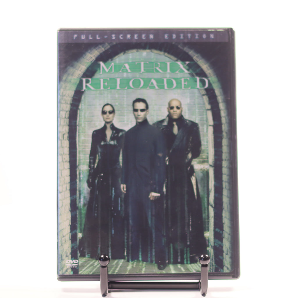 DVD cover of 'The Matrix Reloaded' with characters in black suits on a white background