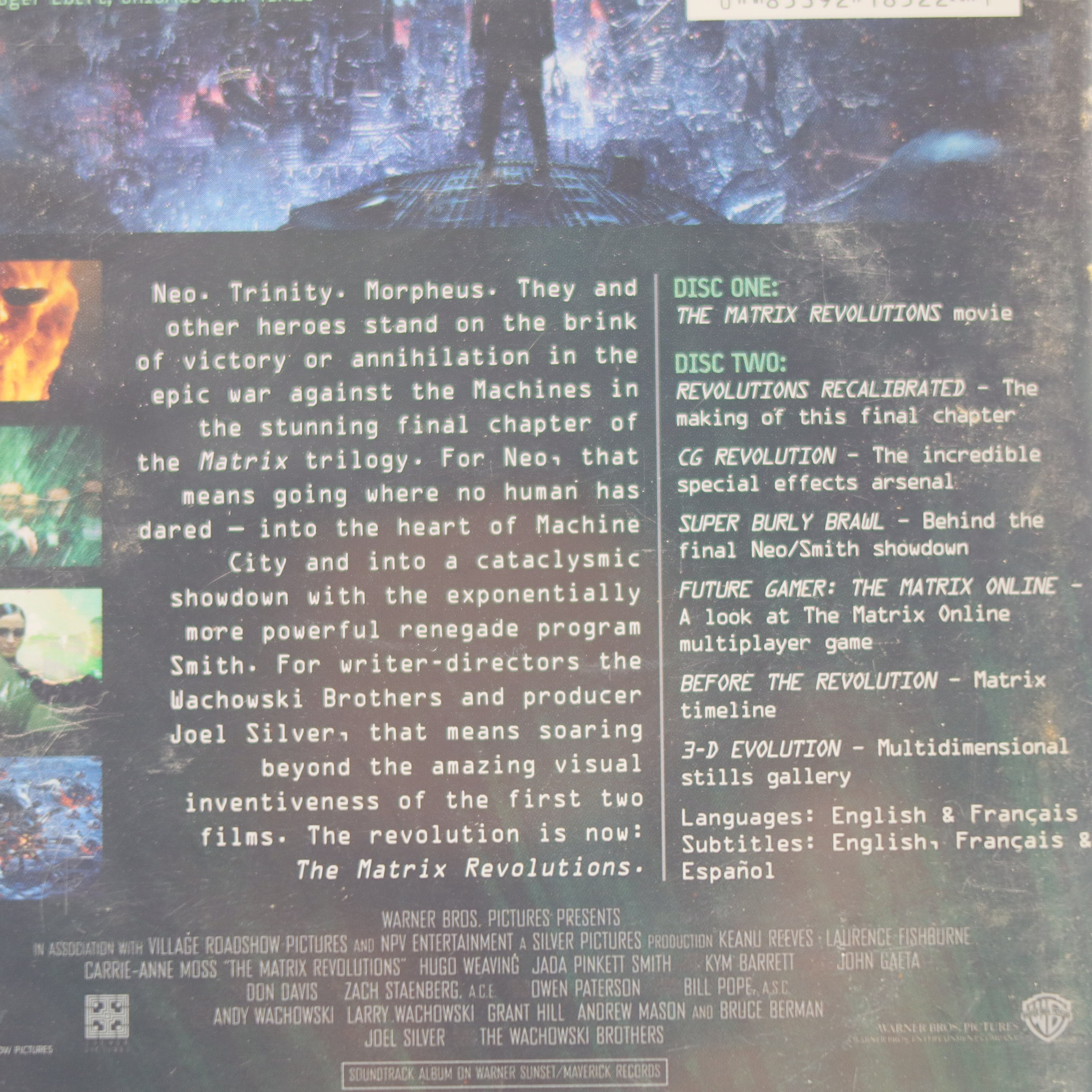 Back cover of 'The Matrix Revolutions' movie with text and images.