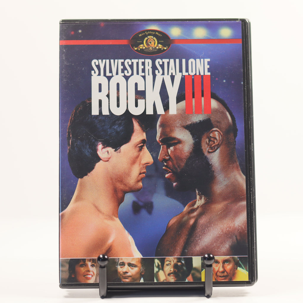 DVD cover of 'Rocky III' featuring Sylvester Stallone and a boxer on a blue background.