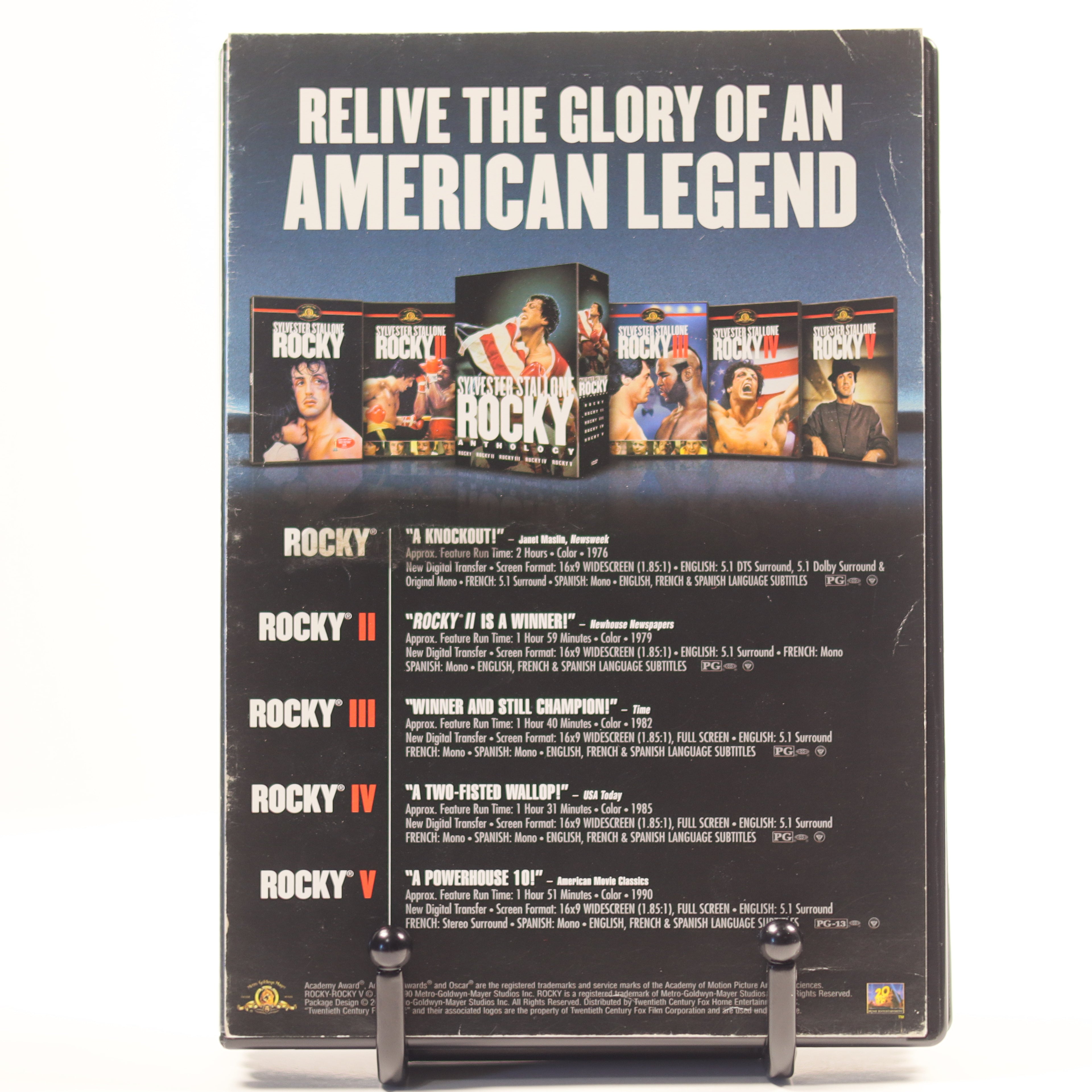 Back cover of a Rocky movie collection with images and text on a white background