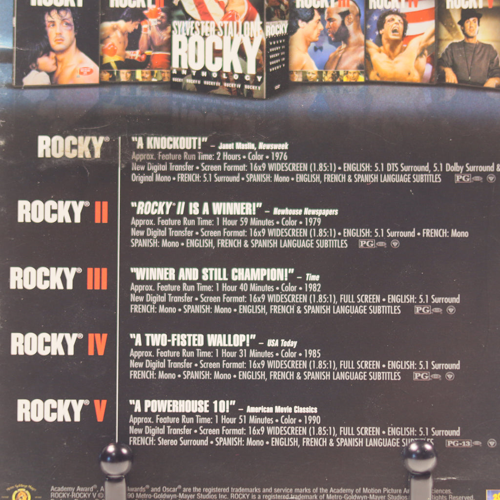 Collection of Rocky movie posters on a black background with movie titles listed.