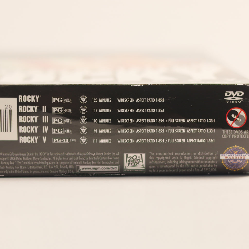 Back view of a Rocky DVD box set on a light background