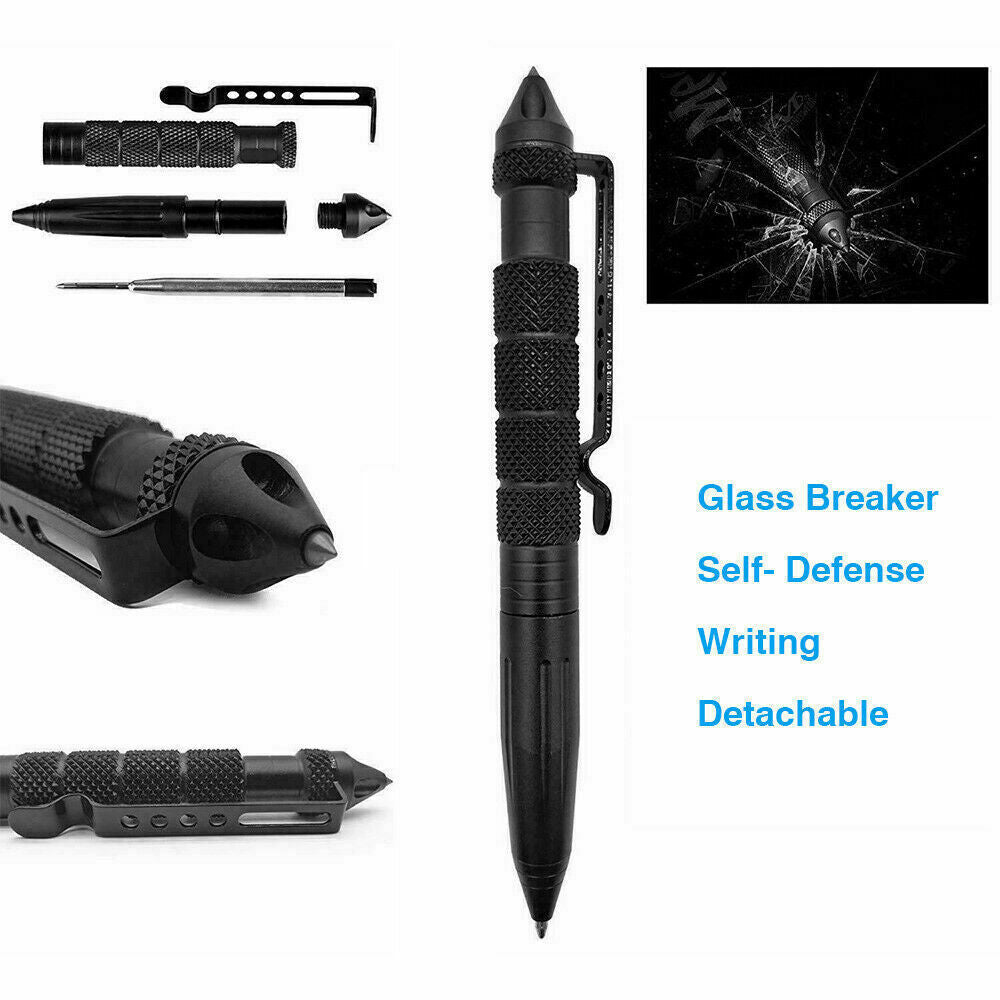 Black tactical pen with multiple tools and features on a white background