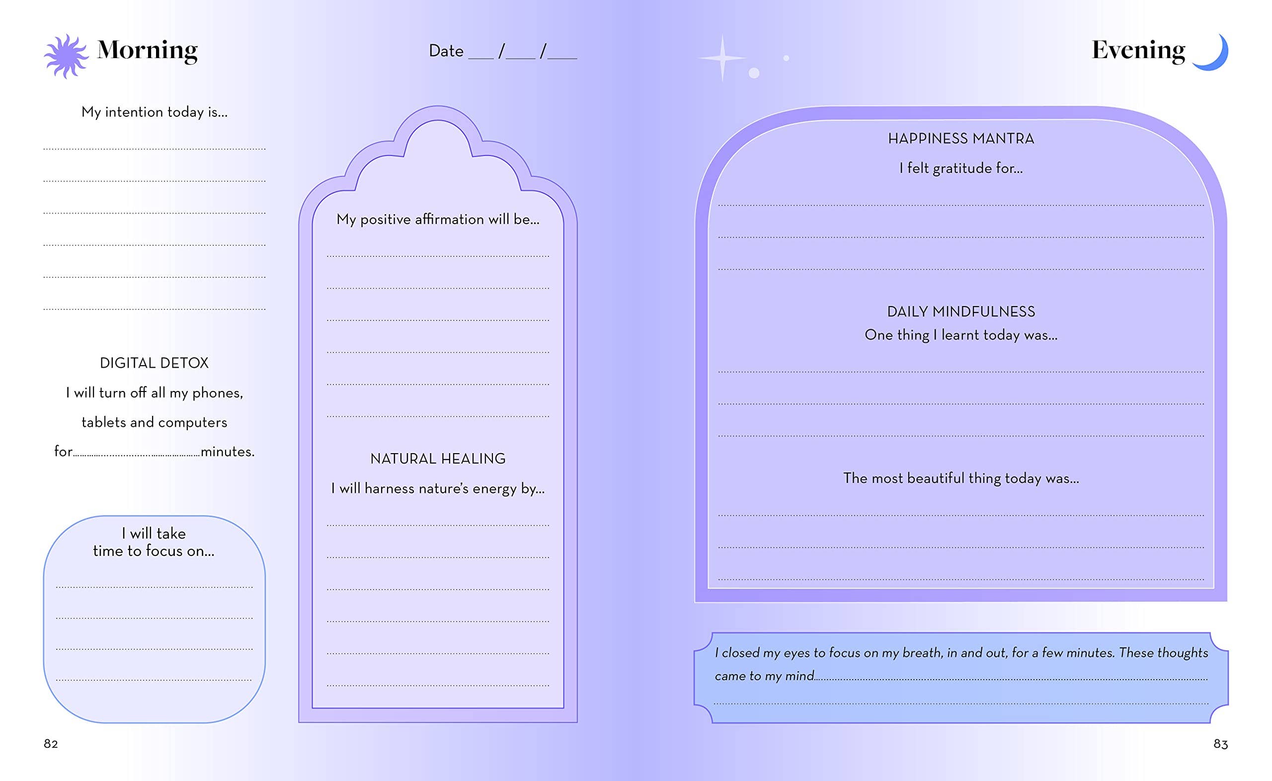 Morning and evening self-care journaling template on a light purple background