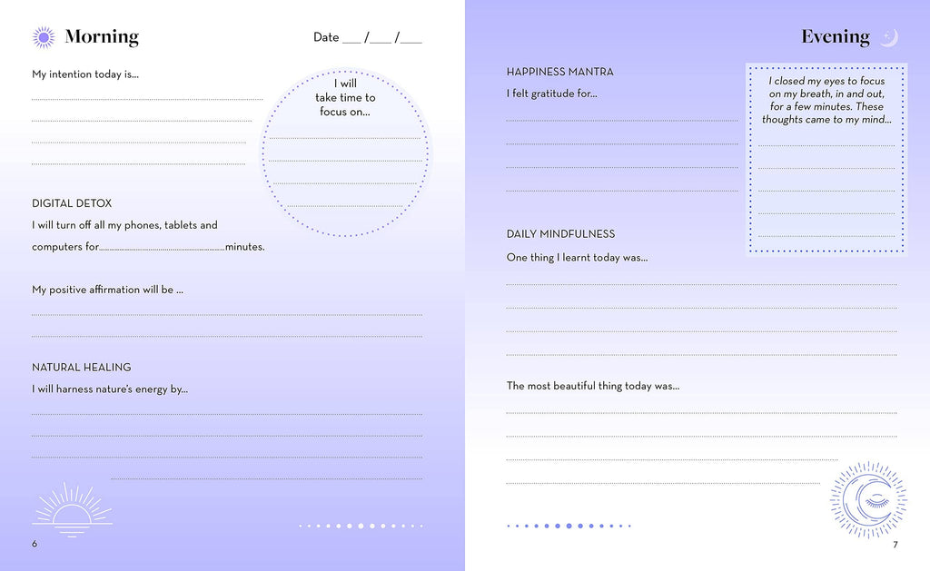 Morning and evening reflection journal template on a light purple background