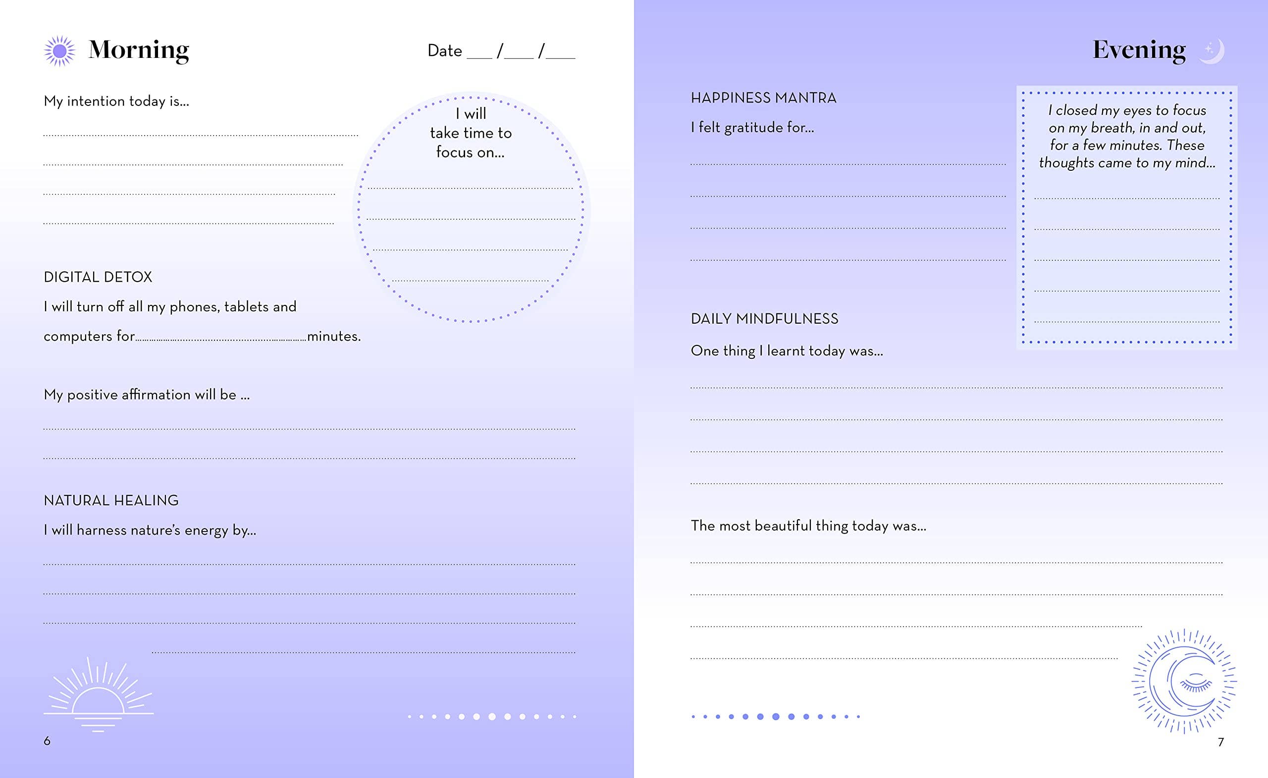 Morning and evening reflection journal template on a light purple background