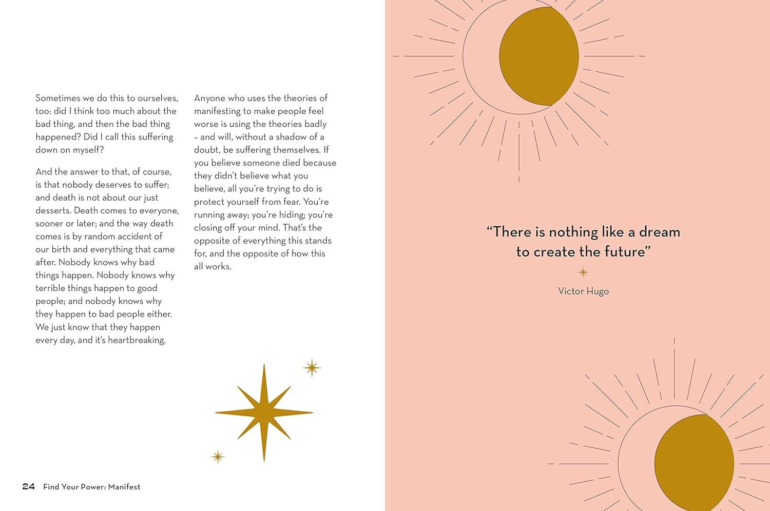 Book page with text and celestial designs on a pink background