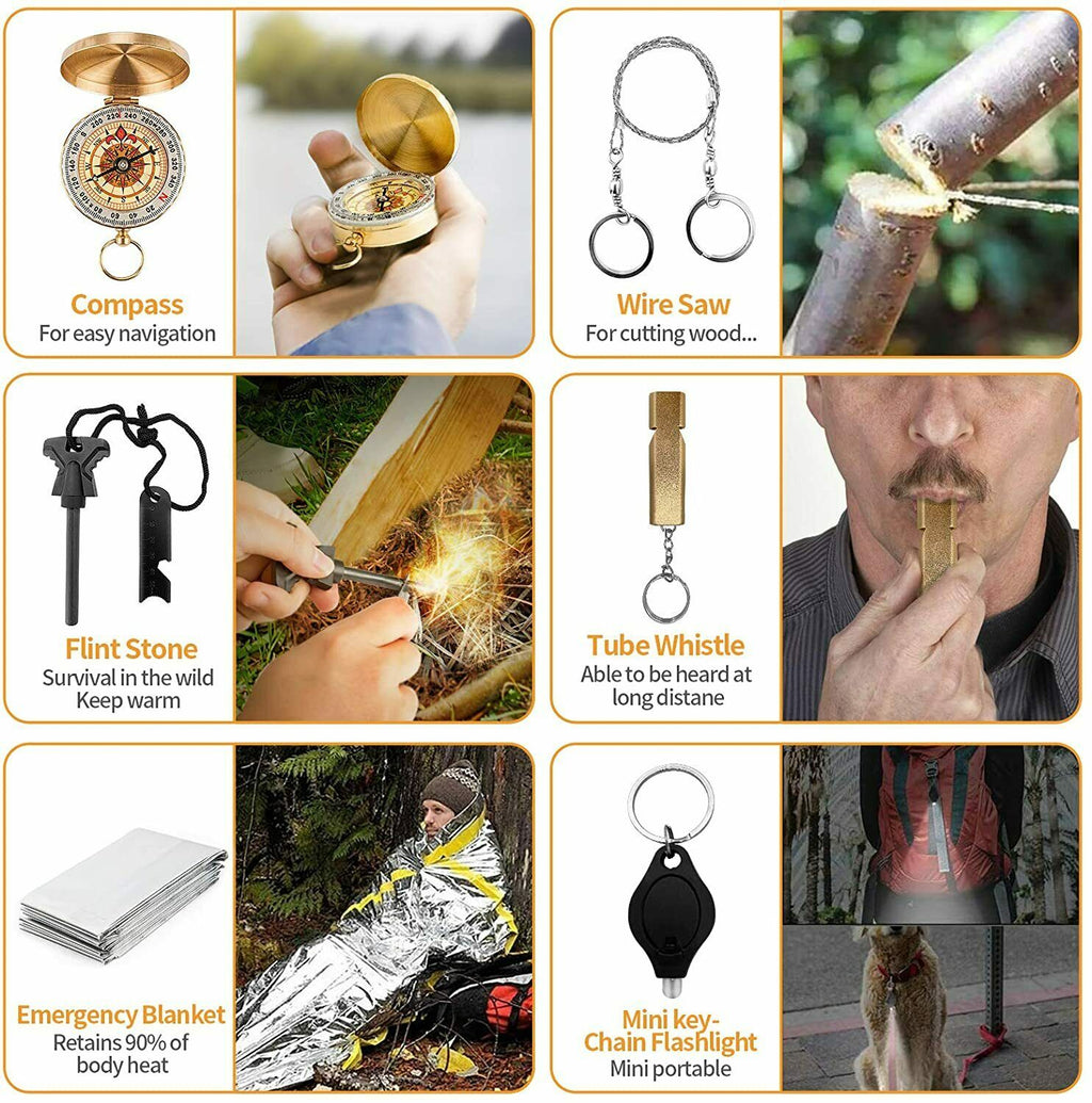 Collage of survival tools including a compass, wire saw, flint stone, tube whistle, emergency blanket, and keychain flashlight.