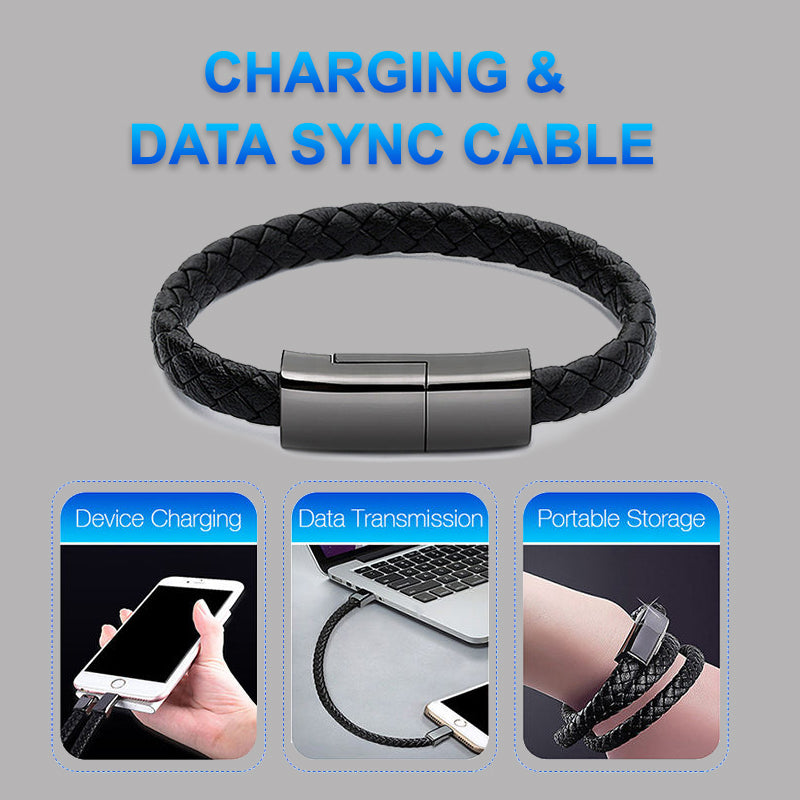Black braided charging and data sync cable with usage scenarios on a gray background