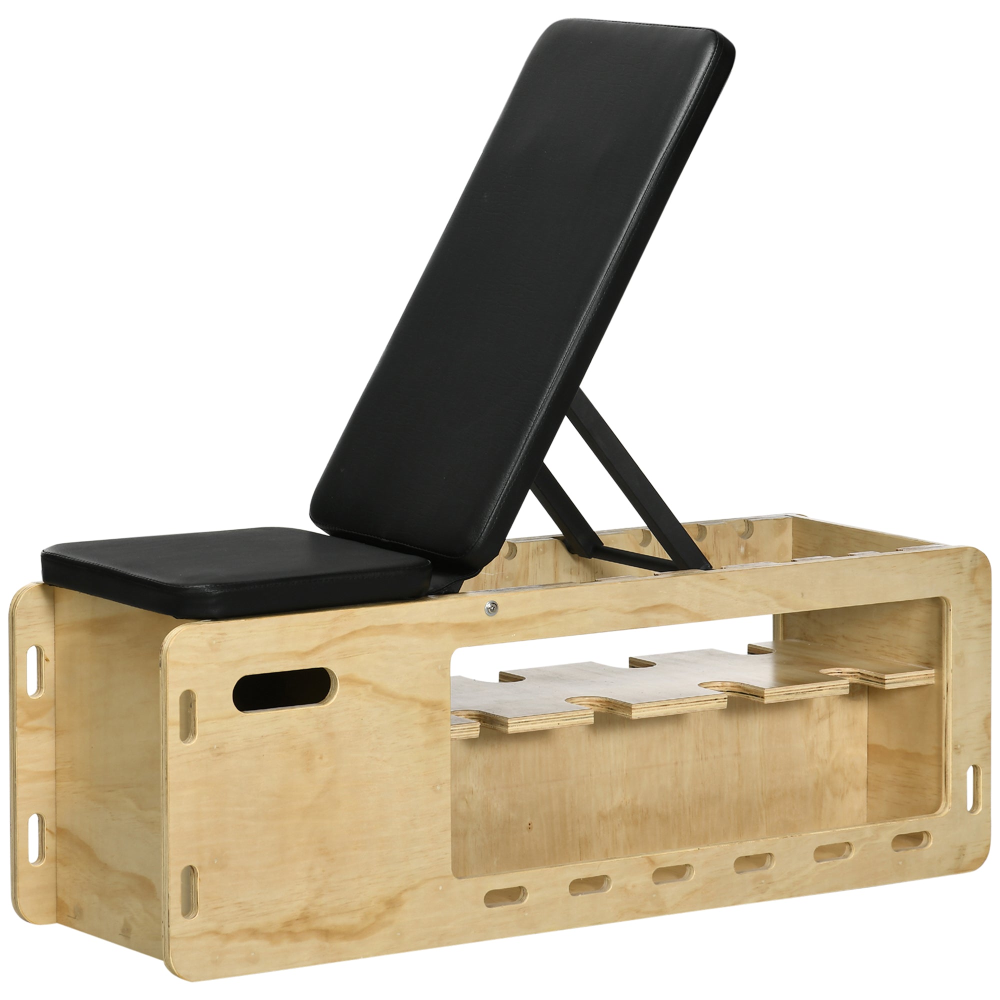 Wooden exercise bench with black seat and backrest on a white background