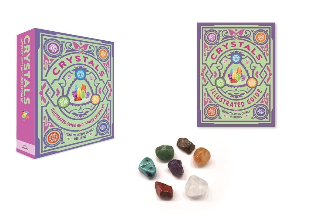 Two 'Crystals' books with colorful covers and a set of crystals on a white background.
