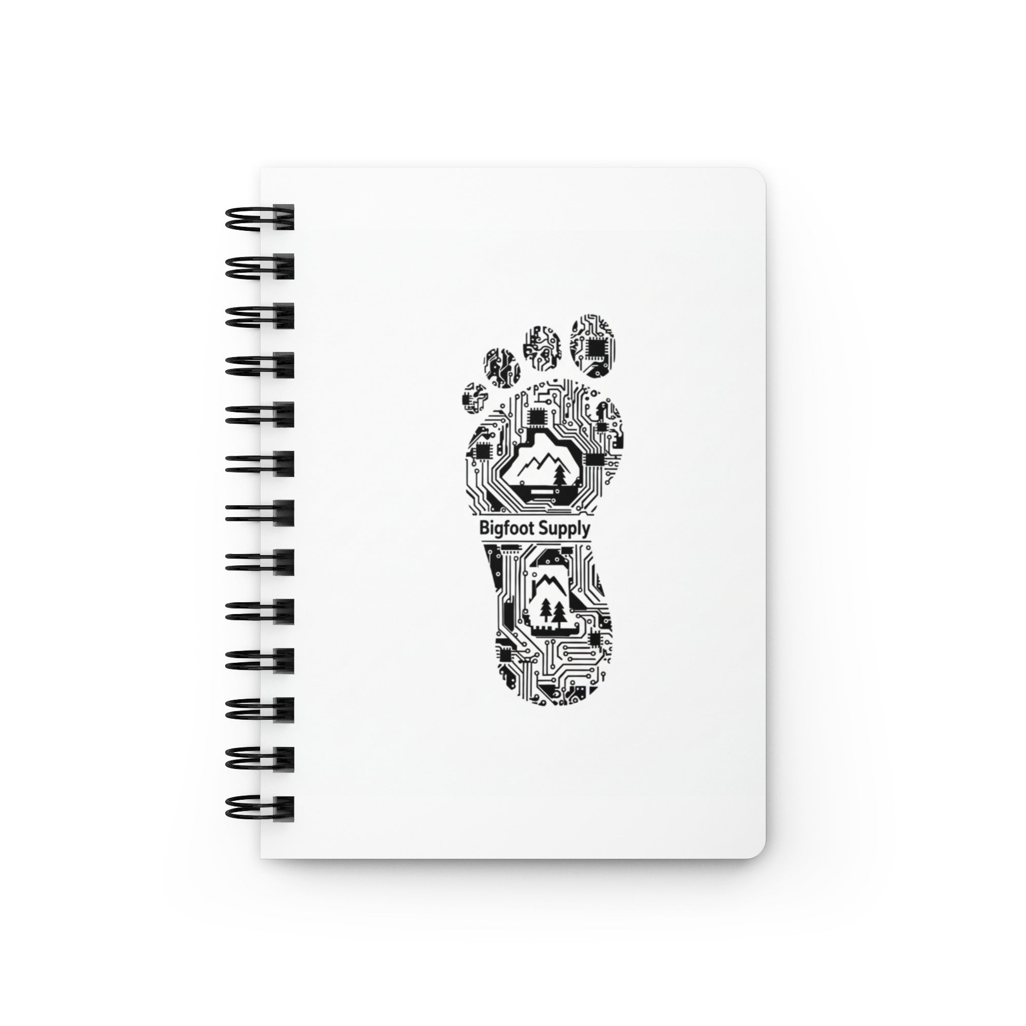 Bigfoot Supply logo o a white spiral bound note book. Front cover